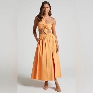 Showpo Sula 2 Piece Set One‎ Shoulder Crop Top Slit Midi Skirt Orange Size 4